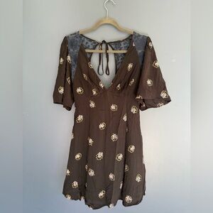 Free People Brown and Cream Ruffled Tie Front Sundress